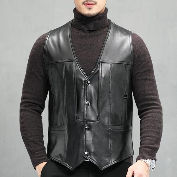 

men's vests men leather vest 2021 male real sheep skin classic v-neck chaleco hombre formal wear dress suit gilet sleeveless waistcoat, Black;white
