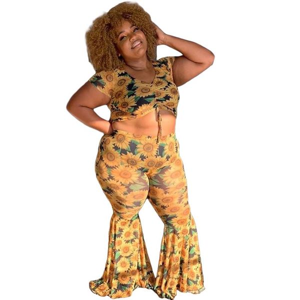 

women's tracksuits summer plus size suits sweet short crop and loose flare trouser two piece set polyester wholesale drop, Gray