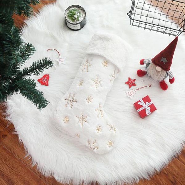 

christmas decorations snowflakes embroidered white plush stockings gifts bag hanging loops xmas tree fireplace candy socks decor