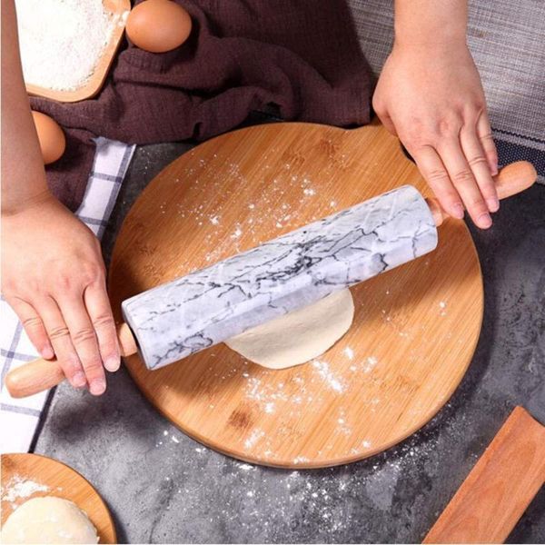 

natural smooth marble rolling pin with wooden handles for easy grip (cloud gray)
