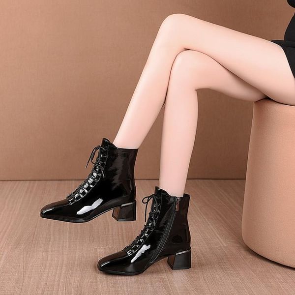 

boots mljuese 2021 women ankle cow leather winter short plush lace up square toe high heels female size 42, Black