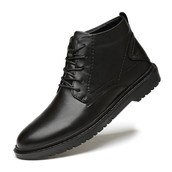 

dress shoes men's winter plush warm genuine leather boots fashion formal classic buty meskie ankle big size, Black