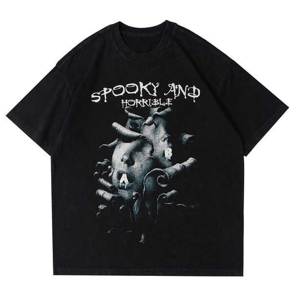 

chaopai 2021 summer streetwear harajuku t-shirt men dark stack faces print hip hop tshirts cotton short sleeve shirts loose black, White;black