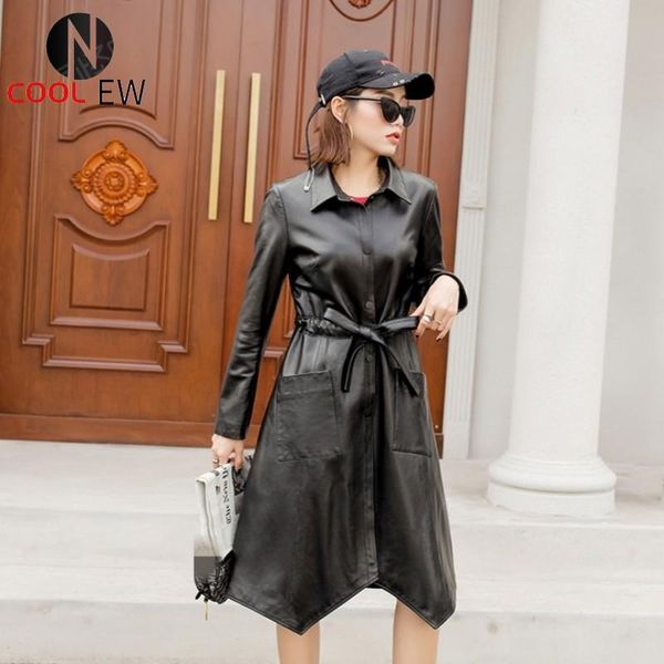 

women's leather & faux brand elegant genuine long jacket women fashion luxury slim lapel irregular black windbreaker office lady sheeps