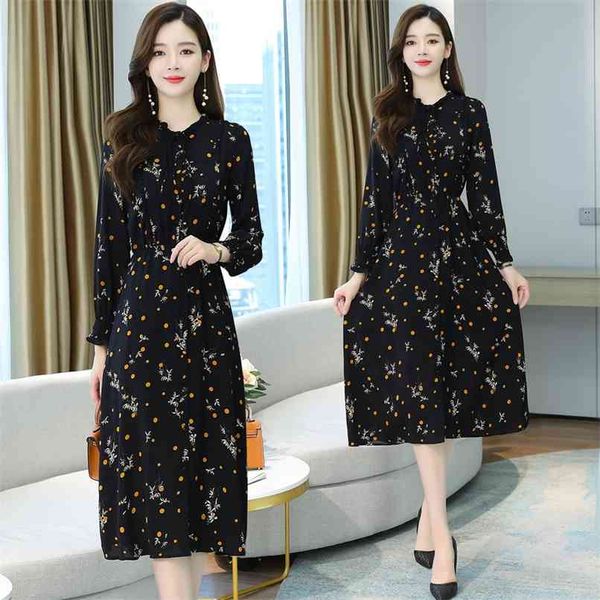 

elegant women party long sleeve dress spring autumn black floral chiffon dot boho midi vintage bodycon maxi vestidos 210528, Black;gray