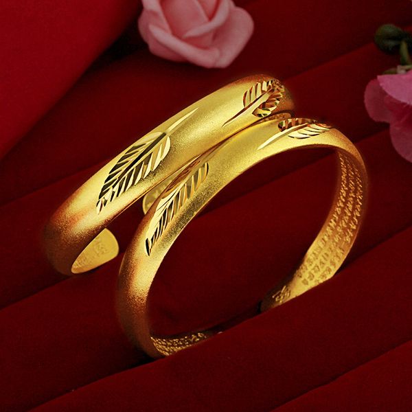 

24k gold retro feather heart sutra bracelet vietnam sand version classic craft leaf opening bracelet hand, Black