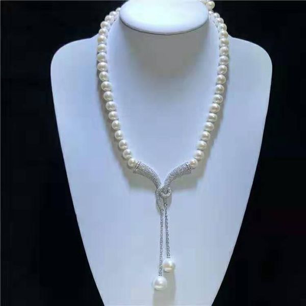 

chains sell 53-55cm 8-9mm white freshwater pearl micro inlay zircon necklace fashion jewelry, Silver