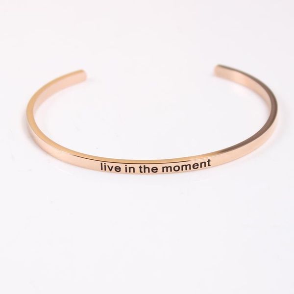 

bangle live in the moment stainless steel engraved positive inspirational quote hand stamped cuff mantra bracelets for men women, Black
