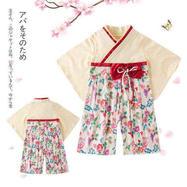 Baby girl kimono baby kleidung japaner stromper druck kimono floral druck rot bogen kawaii kleidung kleinkind mädchen kleidung kinder outfit g220218