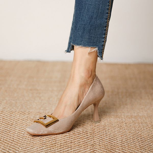 

sandals 166-7 chic cashmere square head high heels women's thin heel shallow mouth single shoes autumn and winter 0p52, Black