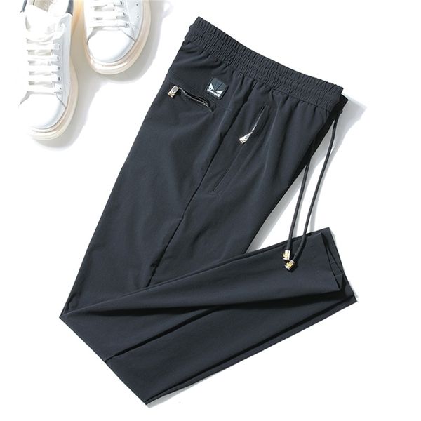 Moda masculina de verão casual calças finas masculinas cintura elástica longa calças, trecho seda confortável tecidos 210715
