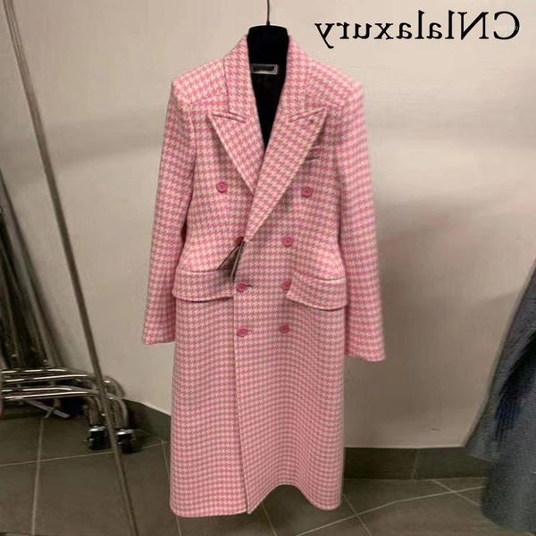 

women's wool & blends coat winter women 2021 double breasted houndstooth vintage long sleeve female outerwear overcoat, Black