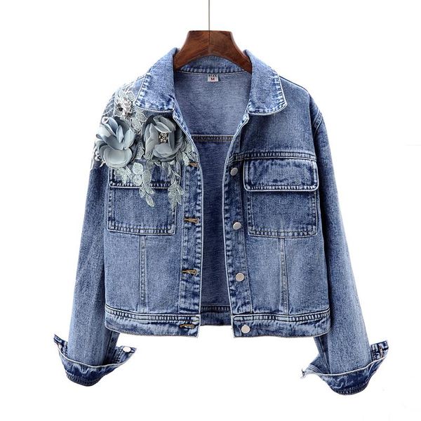 

women's jackets 2021 women jacket coat flower beading long sleeve fashion cropped denim quality chaqueta mujer, Black;brown