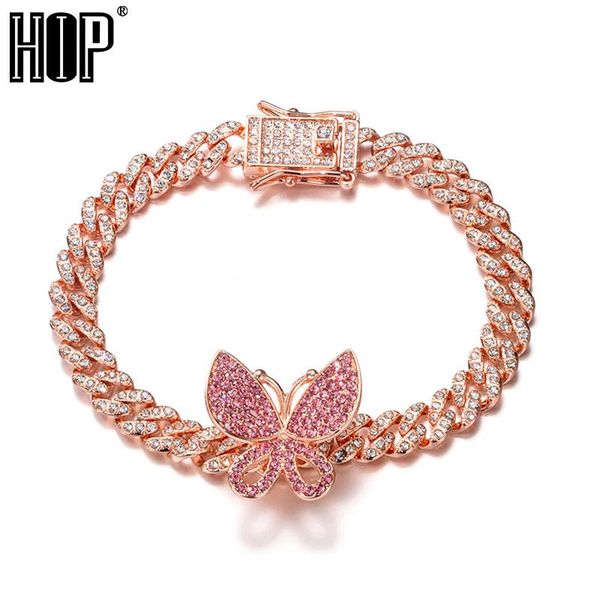 

link, chain hip hop bling 8mm miami cuban iced out men's bracelet rhinestone zircon paved bracelets with butterfly for men jewelry, Black