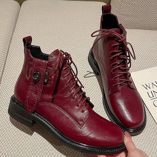 

boots 2021 genuine leather women's ankle motorcycle vintage retro black red chunky med heels autumn shoes woman