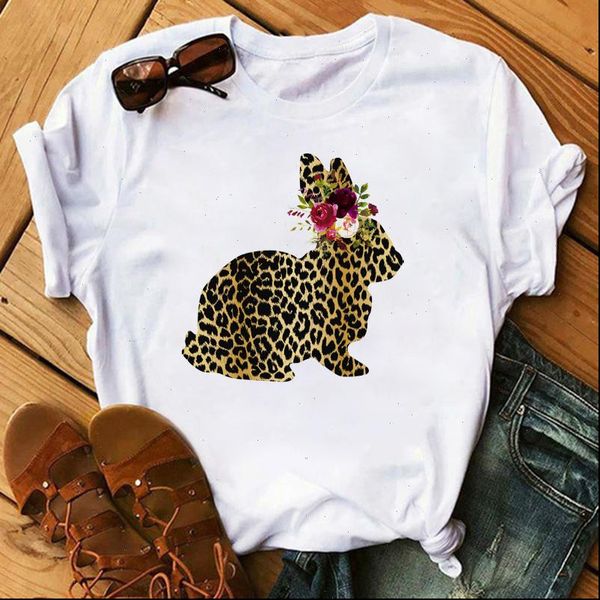 

cute rabbit leopard print women tshirt cartoon animal printed short sleeve tees fashion casual t shirts round neck female, White