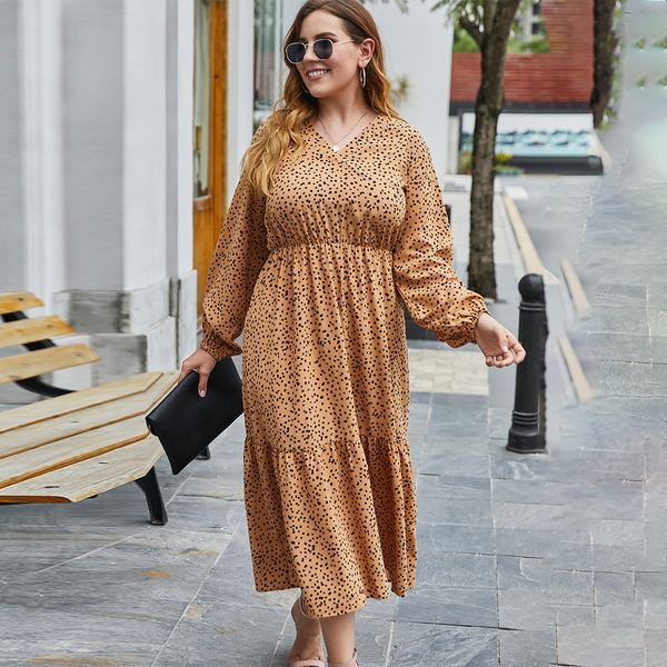 

new oversize women clothing 2021 spring autumn dresses boho dot print lantern sleeve v-neck loose plus size maxi dress 5t8h, Black;gray