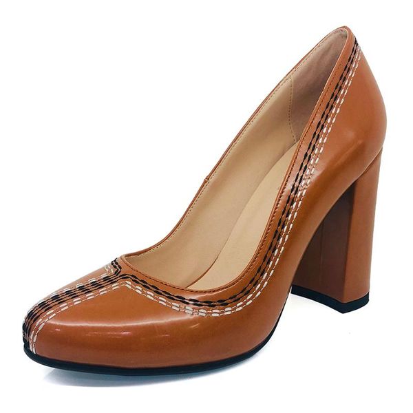 

dress shoes fashion chunky footwear pump brown block heel round 2021 high heels, Black