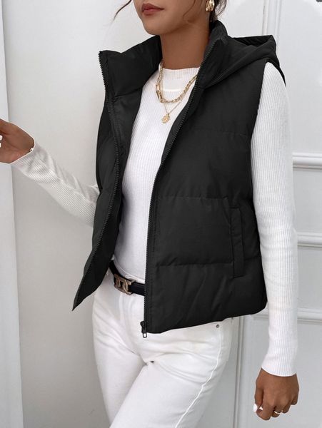 

zip up hooded puffer gilet 49jz#, Black