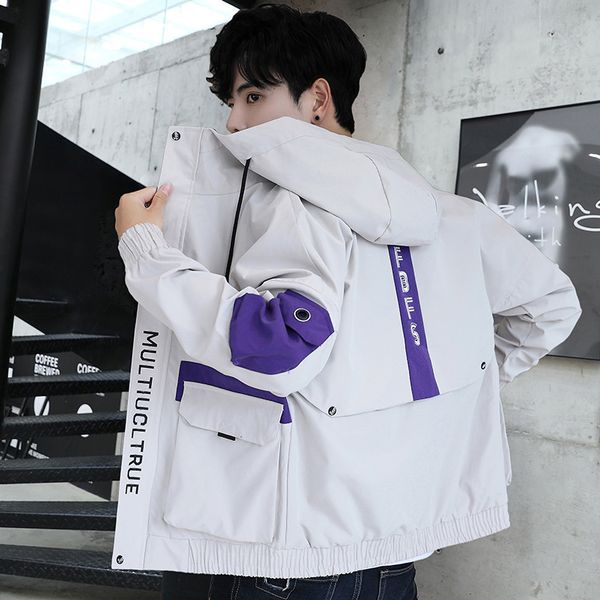 

jackets autumn personalized trend hooded et young man zipper long sleeve splicing contrast loose coat men, Black;brown