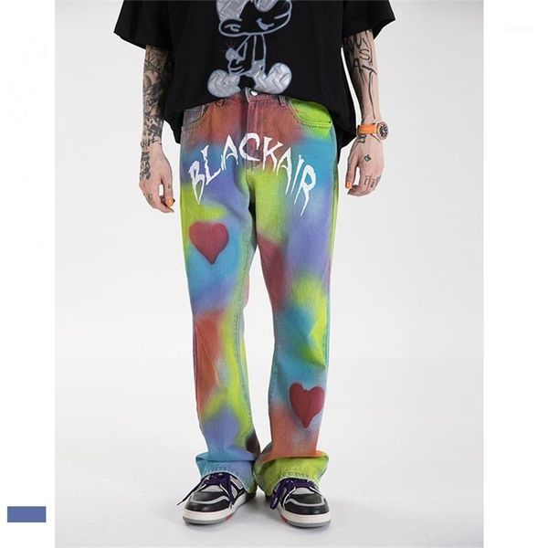 

spring autumn love print micro flare pants hip hop tie dye washed jeans street loose wide leg denim trousers men men's, Blue
