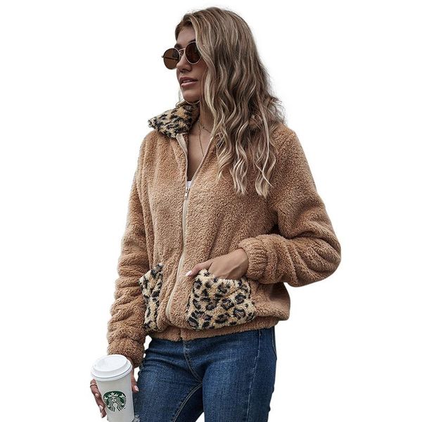 

new winter clothes women 2021 autumn winter warm lamb velvet women jacket zip leopard split jackets femme veste, s-xl, Black;brown