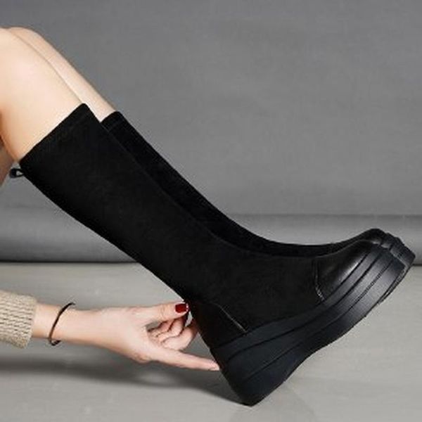 

boots 2021 winter elastic suede casual set foot high heels thick bottom tube fashion ladies but knee black