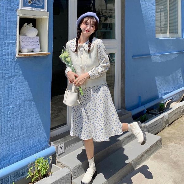 

casual dresses women's spring and autumn dress 2021 french temperament korean small fresh doll collar long sleeve floral, Black;gray