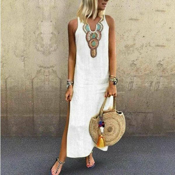 

maxi boho print dress summer vacation beach dress women casual print bodycon sleeveless v neck split long, Black;gray