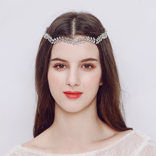 

2018 simple leaves austrian crystal headbands wedding alloy head chain bride hair jewelry accessories women headpieces jcg075, Golden;white