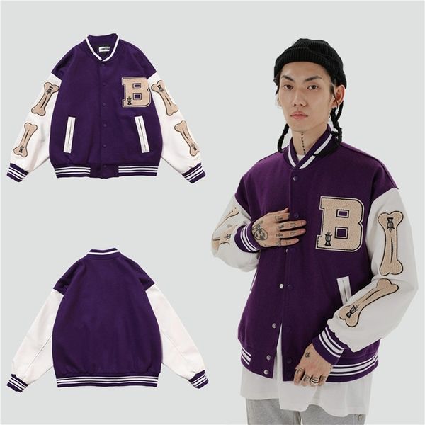 

mens hip hop baseball jacket coats big letter b bone embroidery patchwork japan korean style streetwear college rock jacket 210819, Black;brown