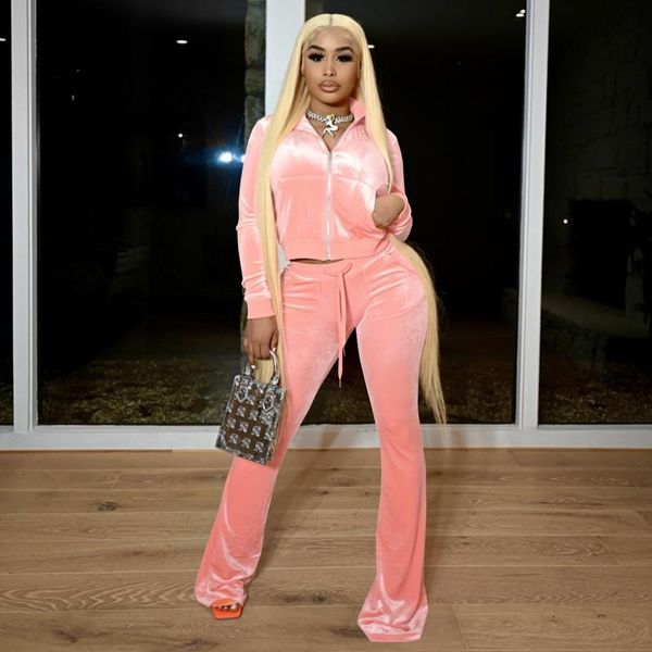 

women's two piece pants autumn solid velour set women simple casual zipper long sleeve turtleneck bandage lace slim female wide leg, White