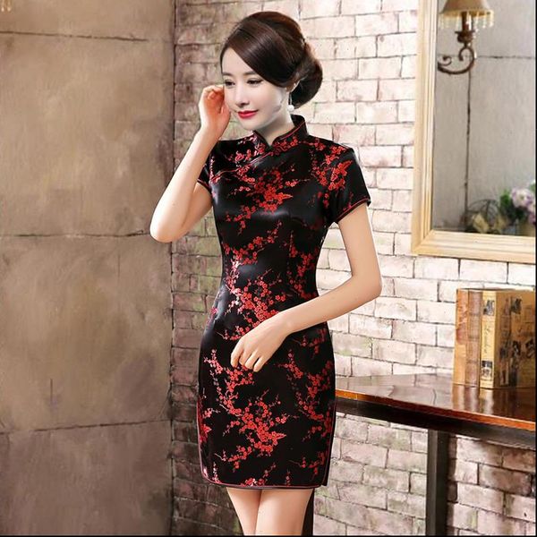 

plus size mini cheongsam new arrival vintage chinese style womens satin qipao spring party dress mujer vestidos s 6xl, Black;gray