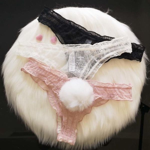 

women's panties tail cosplay lace women breathable transparent seamless underwear g-string thong lingerie, Black;pink