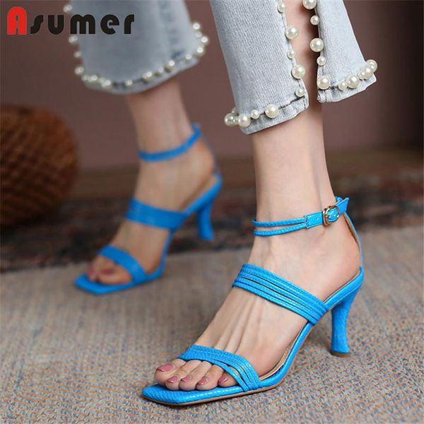 

sandals asumer 2021 summer shoes women genuine leather ankle buckle thin high heels party wedding woman, Black