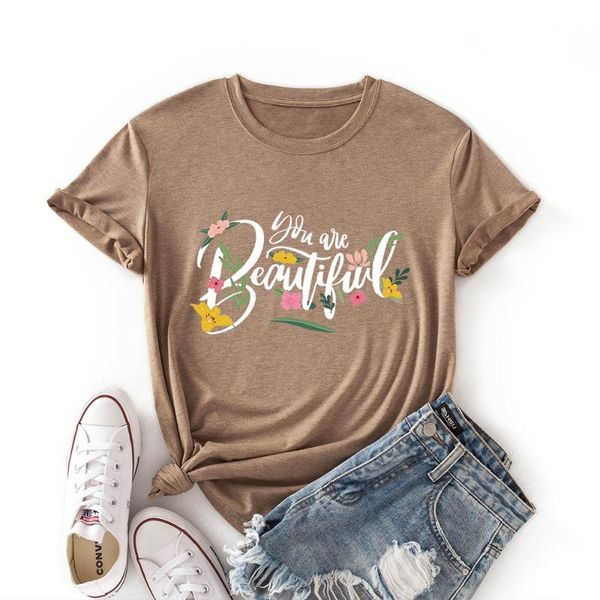 

women's t-shirt woman short sleeve colored cotton graphic tees summer female shirts for women you are beautiful flowers floral top, White