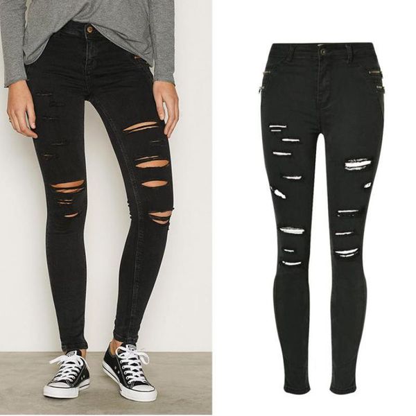 

2021 charcoal black mid waist stretch slim zipper wear hole denim capris plus up size women's jeans, Blue