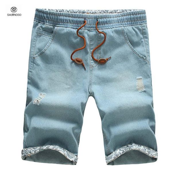 

men's shorts fashion mens denim homme knee length casual men summer ripped elastic waist half for boys large size 5xl, White;black