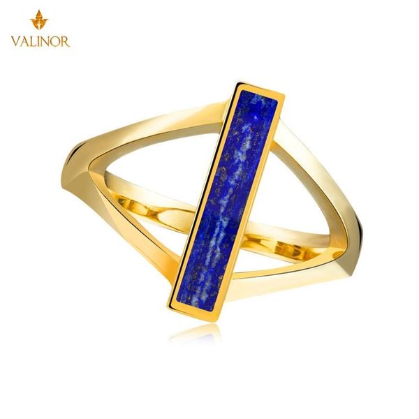 

cluster rings vertical shape ring female inlaid natural lapis lazuli 18k gold-plated simple 925 sterling silver hm024, Golden;silver