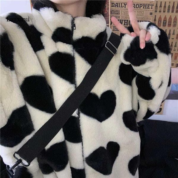 

women's jackets fur for women hooded fashion lamb fluffy soft kawaii sweet cute heart pattern harajuku korean loose warm faux coat, Black;brown