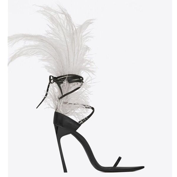 

black feather sandals women ostrich hair decoration thin high heels dance shoes ladies fur sandals