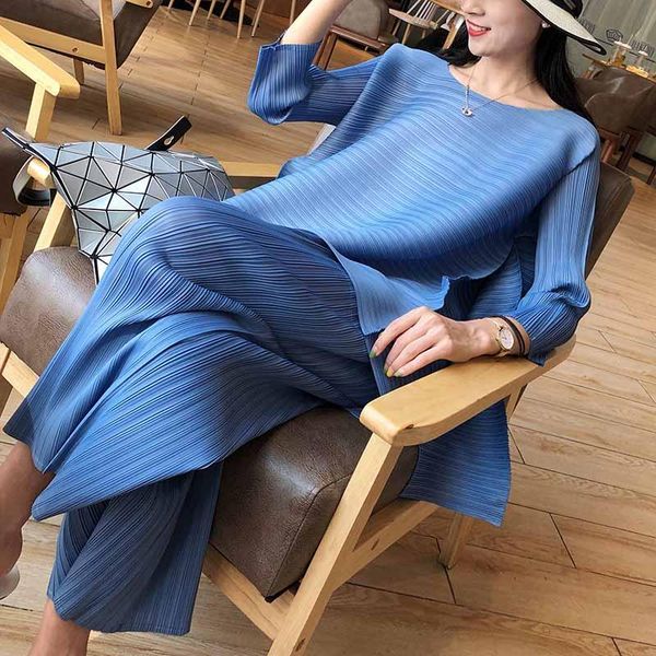 

women's two piece pants miyake pleated suit fashion set and solid loose three quarter sleeve tshirt elastic waist straight, White