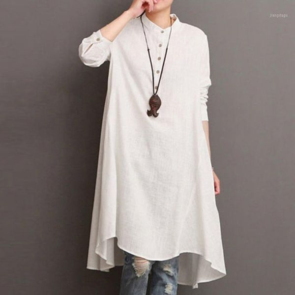 

women blouse kaftan cotton linen long sleeve loose shirt stand collar baggy pullover roupas femininas women's blouses & shirts, White