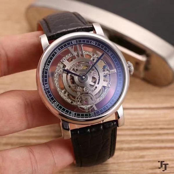 

wristwatches men automatic mechanical skeleton rome stainless steel black brown leather sapphire rose gold coffee watch, Slivery;brown