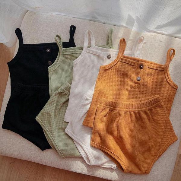 

clothing sets 2021 summer born baby girls clothes sleeveless vest tee + shorts 2pcs candy color cotton boys outfits, White