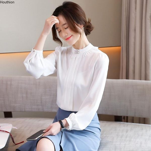 

women's blouses & shirts houthion silk fashion chiffon blouse casual long sleeve solid color shirt clothing full office lady, White