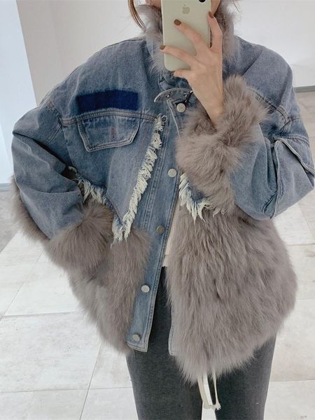 

women's fur & faux denim jacket with winter woman coat real, Black