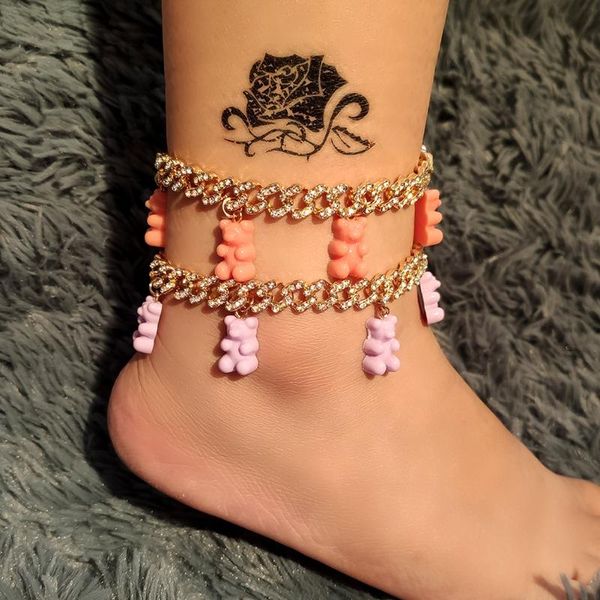 

anklets boho resin gummy bear gold color chunky metal chain for women fashion rhinestone hiphop foot beach jewelry, Red;blue