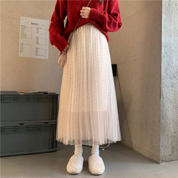 

skirts hzirip sequin mesh maxi pleated skirt women 2021 spring autumn korean style elastic high waist a-line long womens, Black