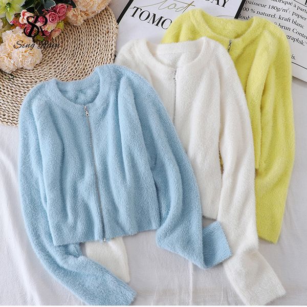 

women vintage knitting cardigan korean o neck loose zippers autumn winter solid casual cardigans 2021 new style, White;black